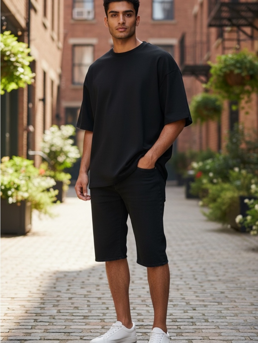Standard Cloth Men's Black Knee-Length Denim Shorts Raw Hem - Size 34